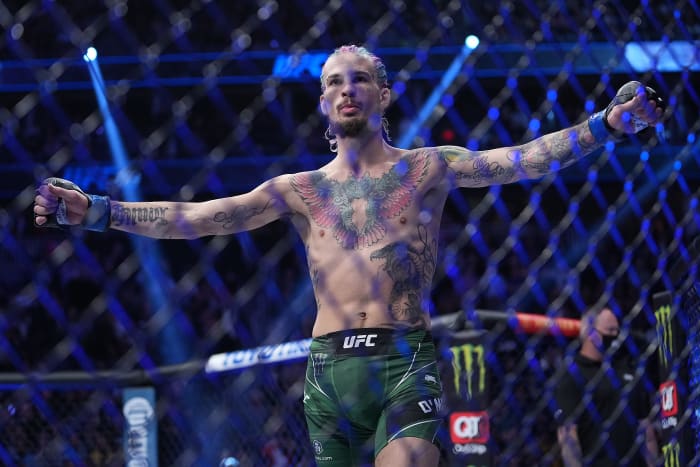 UFC 269-OMalley vs Paivaduring UFC 269 Sean O'Malley reacts before fighting Raulian Paiva at T-Mobile Arena.